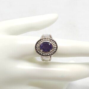 Sterling Silver Ring With Round Amethyst Gemstone Textured Size 9 Vintage